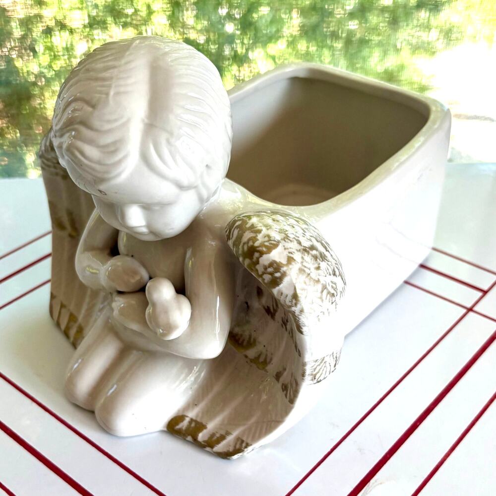 Vintage Ceramic Angel Planter, Cherub Cachepot, White Gold Winged Angel